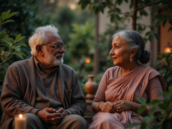 एक परिपक्व जोड़ा शांत बगीचे में शाम के समय गहरी, समझदारी भरी बातचीत कर रहा है, जो विश्वास और जुड़ाव को फिर से बनाने का प्रतीक है।