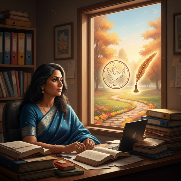 एक वरिष्ठ प्रबंधक महिला अपने अस्त-व्यस्त कार्यालय में बैठी खिड़की से बाहर एक नए रास्ते की ओर देख रही है, जो रचनात्मकता और सामाजिक बदलाव की ओर जाता है।