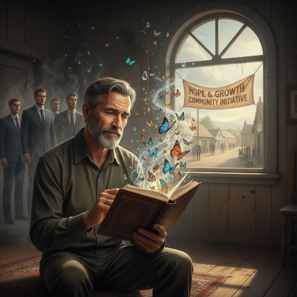 एक 48 वर्षीय व्यक्ति अपनी पुरानी डायरी देखते हुए, खिड़की से गाँव का दृश्य दिख रहा है। पृष्ठभूमि में उसके कॉर्पोरेट जीवन और वर्तमान सामाजिक कार्य के बीच का द्वंद्व, तथा डायरी से निकलती कविता और कल्पनाएँ दिखाई दे रही हैं।