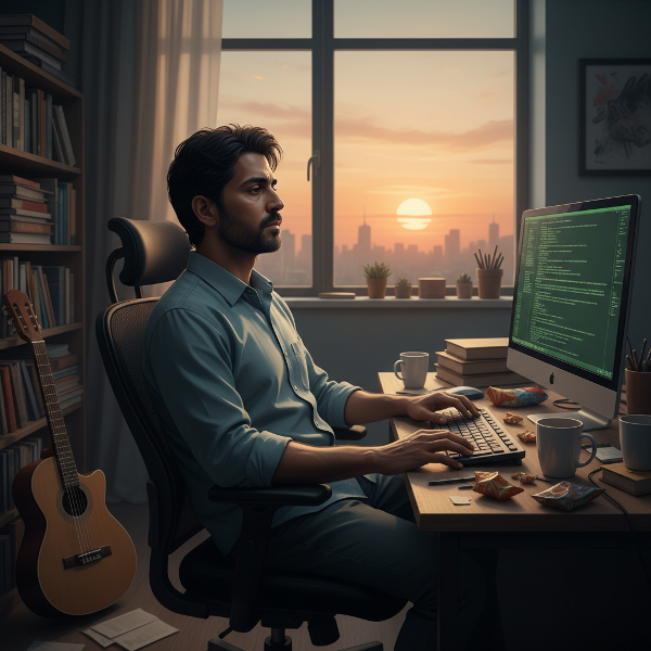 एक 40 वर्षीय सॉफ्टवेयर इंजीनियर ऑफिस में अपने डेस्क पर बैठा है, उदास और निरुत्साहित महसूस कर रहा है। उसके आसपास की चीज़ें, जैसे गिटार और किताबें, उपेक्षित पड़ी हैं।