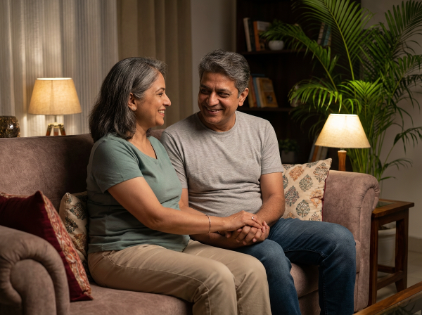 एक मध्यम आयु वर्ग के भारतीय जोड़े को एक साथ बैठे, हाथ पकड़े और शांतिपूर्ण, पुनः जुड़ाव के क्षण साझा करते हुए दिखाया गया है।