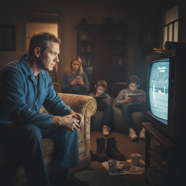 एक मध्यम आयु वर्ग के व्यक्ति को देर रात पुराने क्रिकेट मैच देखते हुए दिखाया गया है, जबकि पृष्ठभूमि में उसका परिवार अलग-थलग दिख रहा है, जो आदत और पारिवारिक जीवन के बीच के तनाव को दर्शाता है।