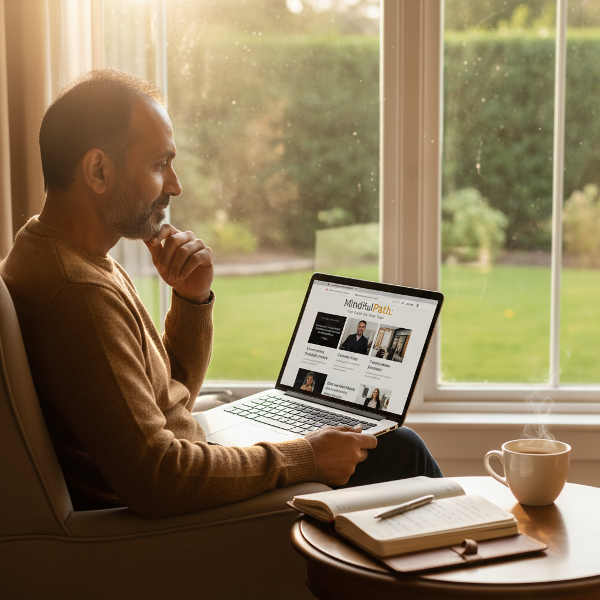 एक मध्यम आयु वर्ग का व्यक्ति लैपटॉप के सामने बैठा है, जहाँ मनोवैज्ञानिक सलाह की वेबसाइट खुली है। खिड़की से आती धूप और एक कृतज्ञता पत्रिका दृश्य में शांति और आत्मचिंतन का भाव लाती है।