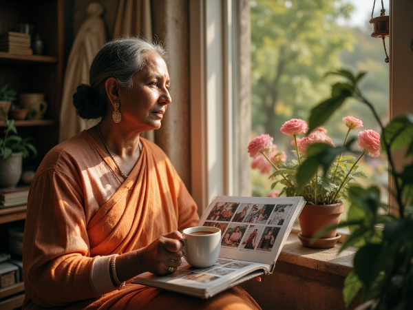एक मध्यम आयु की महिला खिड़की के पास बैठी है, सूरज की रोशनी उसके चेहरे को रोशन कर रही है। वह एक फोटो एल्बम देख रही है, जो बदलाव और नई शुरुआत की खोज की भावना दर्शाता है।