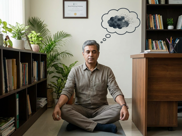 एक मध्यम आयु के व्यक्ति का कार्यालय में शांतिपूर्वक माइंडफुलनेस ध्यान करते हुए चित्र, जो कार्यस्थल के तनाव और गैसलाइटिंग से मानसिक शांति और साइकोसोमैटिक स्वास्थ्य को दर्शाता है।