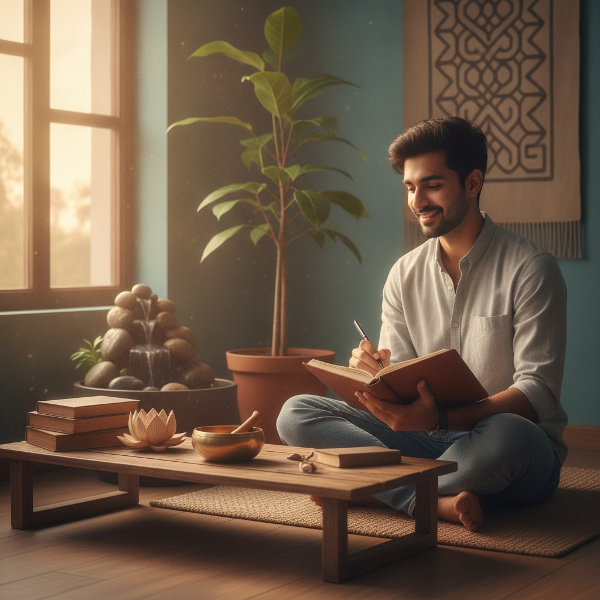 एक युवा व्यक्ति सुबह की रोशनी में डायरी लिखते हुए, आत्म-चिंतन और सकारात्मक बदलाव का प्रतीक, शांत वातावरण।