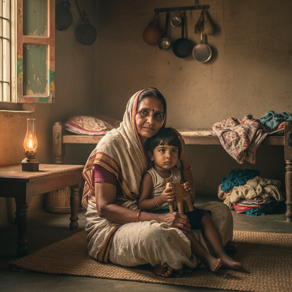 एक गर्मजोशी भरे घर में एक माँ अपने बच्चे को सांत्वना देते हुए, पारिवारिक प्यार और भावनात्मक सुरक्षा का दृश्य।