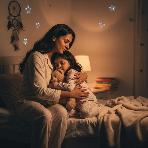 एक माँ अपनी गोद ली हुई बेटी को रात के बुरे सपने के बाद सांत्वना देते हुए, एक सुरक्षित और प्यार भरे वातावरण में।