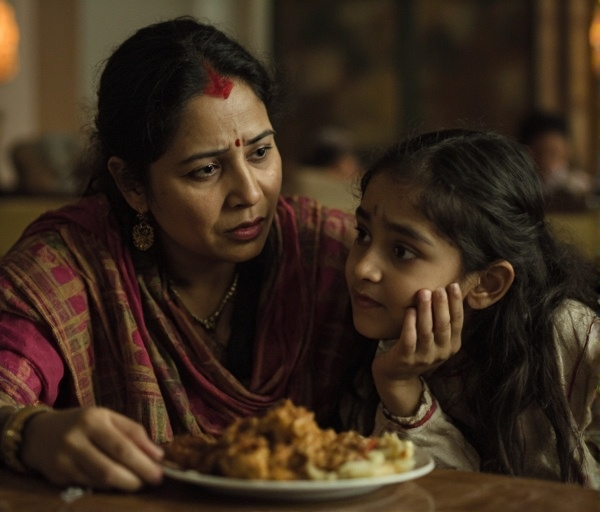 एक चिंतित माँ अपनी पतली और उदास 15 वर्षीय बेटी से बात कर रही है, जो खाने की थाली से दूर देख रही है। कमरे में कोमल रोशनी और भावनात्मक माहौल है।
