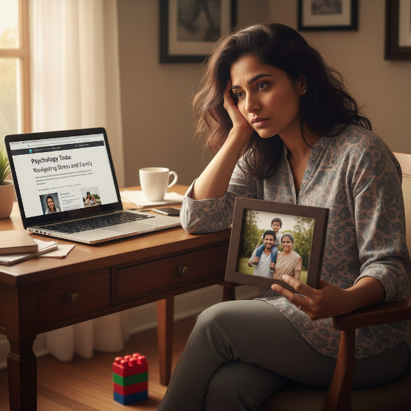 एक युवा माँ, जो मनोवैज्ञानिक परामर्शदाता भी है, अपने कंप्यूटर के सामने बैठी है और तनाव तथा पारिवारिक जिम्मेदारियों के बीच संतुलन के बारे में सोच रही है।