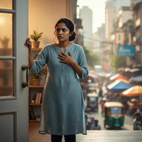 एक युवा महिला एक नए, अपरिचित शहर में अपने घर के दरवाज़े पर खड़ी है, बाहर निकलने से पहले की घबराहट और अनिश्चितता को दर्शाती हुई।