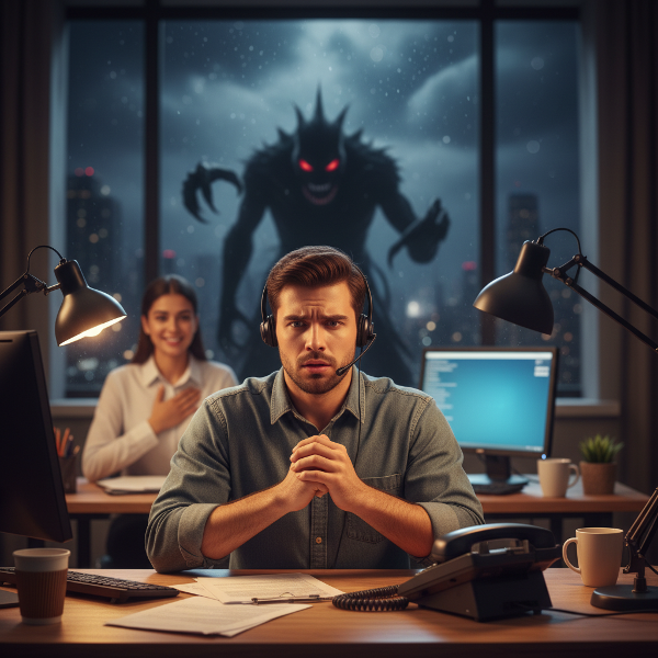 एक युवक कॉल सेंटर में रात की शिफ्ट के दौरान चिंता और घबराहट का अनुभव कर रहा है, जबकि एक सहयोगी उसका समर्थन करता दिख रहा है।