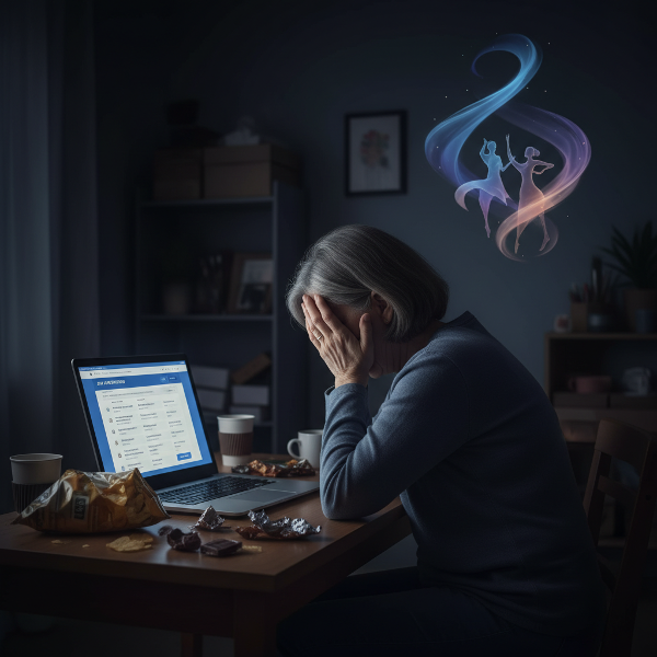 एक मध्यम आयु की महिला रात में नौकरी के आवेदन भरते हुए, तनावग्रस्त, अस्वस्थ खाने के साथ, जबकि एक कोने में नृत्य चिकित्सा की संभावना को दर्शाती प्रकाश की अमूर्त आकृतियाँ हैं।