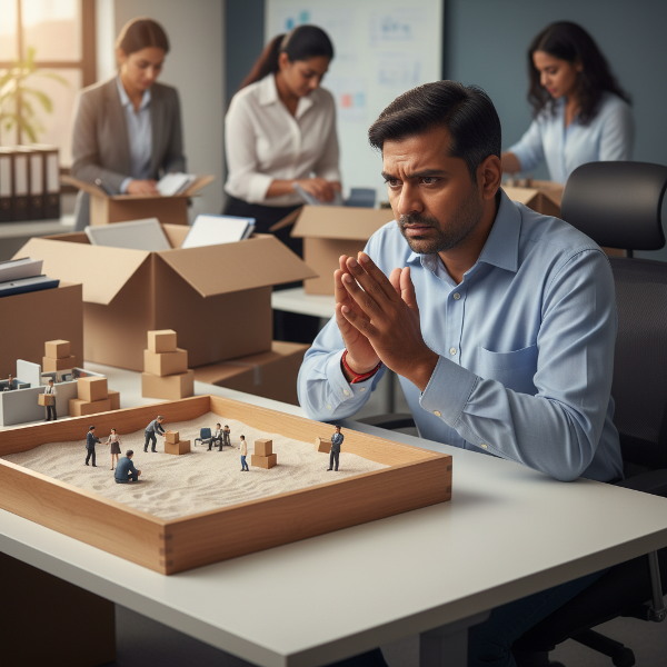 एक चिंतित कार्यालय कर्मचारी रेत चिकित्सा के माध्यम से अपनी नौकरी की असुरक्षा और सहकर्मियों की छंटनी के आघात को संसाधित करने का प्रयास कर रहा है।