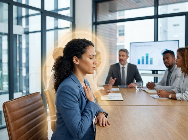 एक कार्यालय बैठक के दौरान तनाव और साइकोसोमैटिक लक्षणों का अनुभव करती हुई एक महिला, जिसके आसपास ध्यान और शांति का प्रतीकात्मक प्रकाश है।