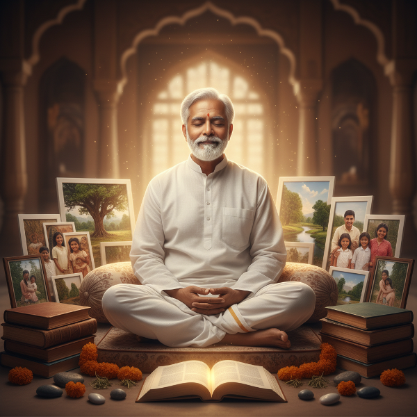 वृद्ध व्यक्ति ध्यान करता हुआ, चारों ओर जीवन के अनुभवों और शांति के प्रतीक चिन्ह, सुनहरी रोशनी में लिपटा हुआ।