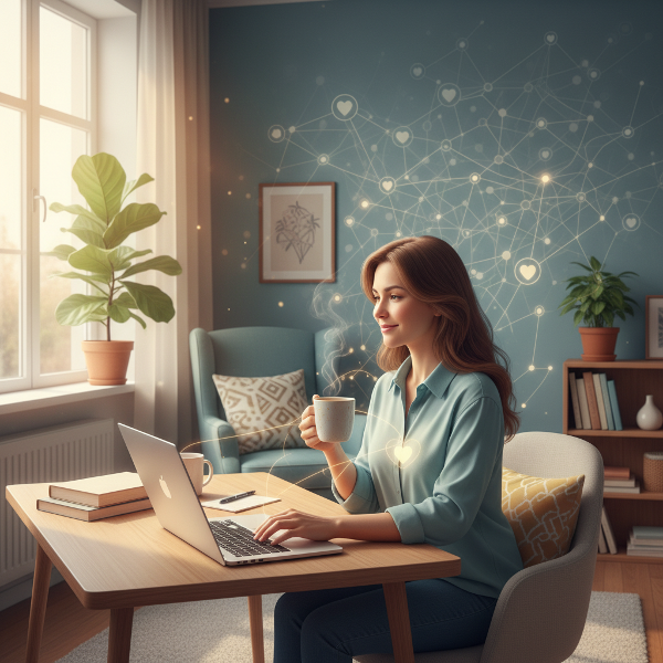 एक ऑनलाइन मनोवैज्ञानिक अपने घर के आरामदायक कार्यालय में बैठी है, जो विचारशील और शांत दिख रही है, जो आंतरिक शांति और जुड़ाव की संभावना को दर्शाती है।