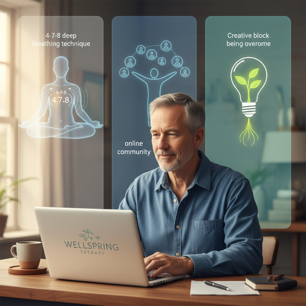 एक शांतिपूर्ण दृश्य जो ऑनलाइन मनोवैज्ञानिक सहायता, पैनिक अटैक से तत्काल सहायता, अकेलेपन के डर का प्रबंधन और रचनात्मक संकट से उबरने को दर्शाता है।