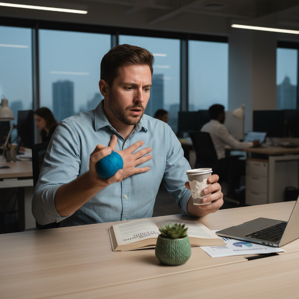 एक 38 वर्षीय पुरुष को कार्यालय में पैनिक अटैक आ रहा है, वह गहरी सांस लेने और माइंडफुलनेस का अभ्यास कर रहा है, जिससे भय पर नियंत्रण दिख रहा है।