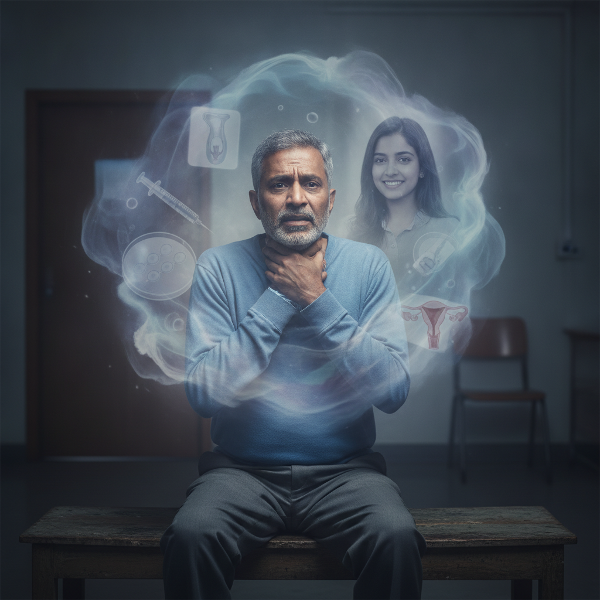 एक 54 वर्षीय भारतीय पुरुष अपने गले को पकड़े हुए, चिंतित चेहरे के साथ, पृष्ठभूमि में उसकी बेटी की आईवीएफ प्रक्रिया और तनाव का प्रतीकात्मक चित्रण।
