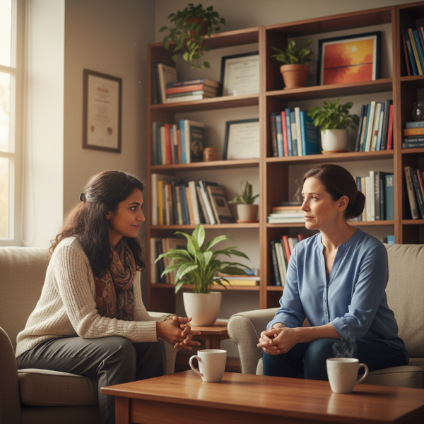 मनोवैज्ञानिक अनाहिता अपने कार्यालय में एक मध्यम आयु की महिला से बातचीत कर रही हैं, जो अपने रिश्ते में अंतरंगता की कमी को लेकर चिंतित है। वातावरण विश्वासपूर्ण और सहायक है।