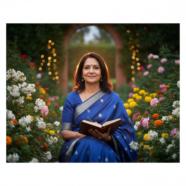 एक मध्यम आयु की महिला मनोवैज्ञानिक शांतिपूर्ण शाम के बगीचे में शांति और आत्मविश्वास के साथ बैठी हुई है, जो आंतरिक शक्ति और पुनः खोज का प्रतीक है।