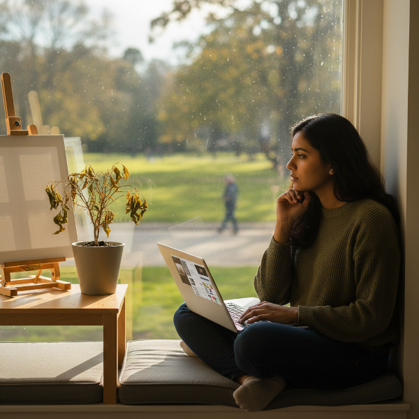 एक युवा महिला रिमोट वर्क के दौरान खालीपन महसूस करते हुए, अपने लैपटॉप और छूटे हुए शौक के बीच।