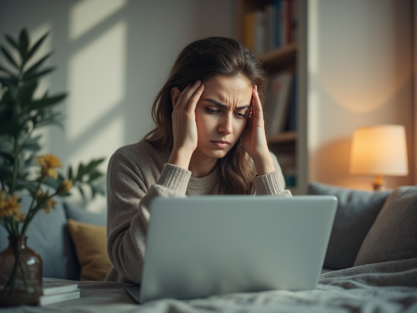 एक महिला रिमोट कार्य करते हुए मानसिक तनाव और सिरदर्द का अनुभव कर रही है, जबकि खिड़की से आती कोमल रोशनी आशा और मनोवैज्ञानिक सहायता की आवश्यकता का प्रतीक है।