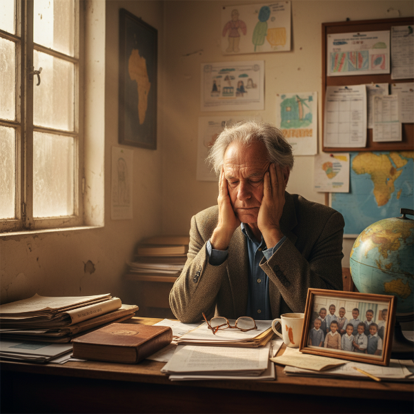 एक सेवानिवृत्त स्कूल प्रिंसिपल, जो अब एक एनजीओ चलाते हैं, थकान और नए उद्देश्य की तलाश के बीच अपने कार्यालय में विचारमग्न बैठे हैं।