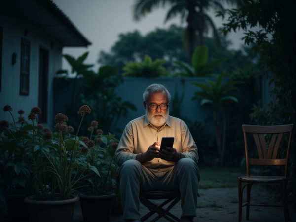 एक सेवानिवृत्त शिक्षक शाम के समय बगीचे में अकेले बैठे हैं, उदास मनःस्थिति में स्मार्टफोन देख रहे हैं, जो अकेलेपन और रुचि की कमी को दर्शाता है।