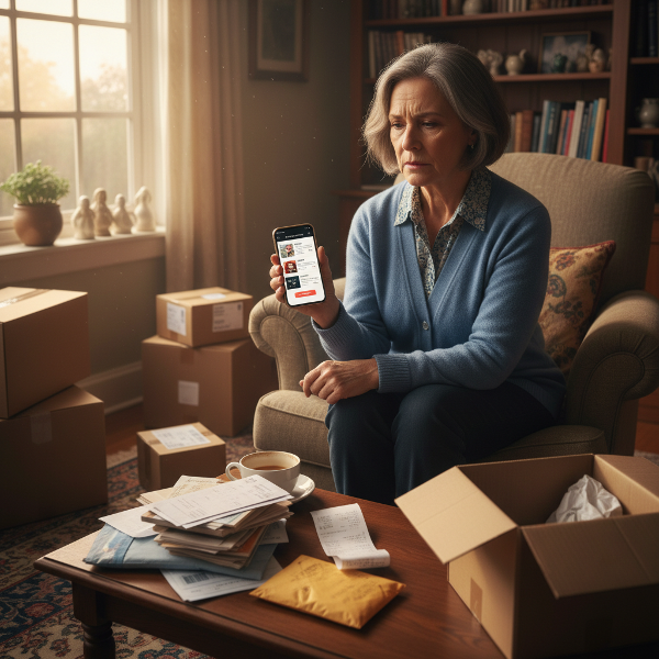 एक सेवानिवृत्त शिक्षिका अपने स्मार्टफोन पर ऑनलाइन शॉपिंग करते हुए, चारों ओर बिल और अखुली पार्सल के साथ, चिंतित भाव से बैठी है।
