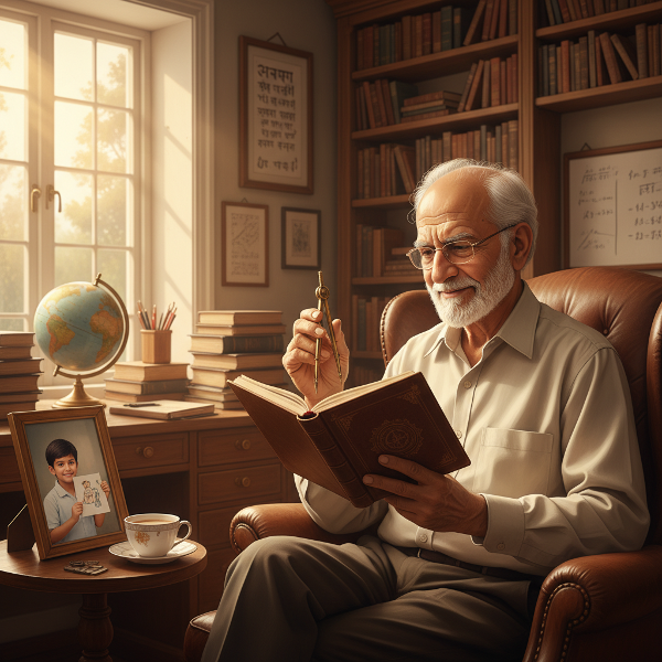 एक सेवानिवृत्त गणित शिक्षक अपनी डायरी में लिखी कविताओं को देखते हुए, जो उनकी नई पहचान और जीवन के अगले अध्याय की खोज को दर्शाता है।