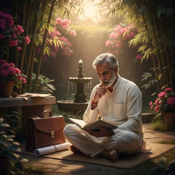 एक सेवानिवृत्त व्यक्ति शाम के समय बगीचे में शांति से बैठा है, एक खाली नोटबुक को देख रहा है, जो पहचान और नए उद्देश्य की खोज का प्रतीक है।