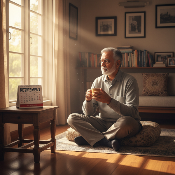 एक सेवानिवृत्त व्यक्ति शांत घर में खिड़की से बाहर देखते हुए, सेवानिवृत्ति के बाद के जीवन के बदलाव और नई शुरुआत के बारे में विचारमग्न है।