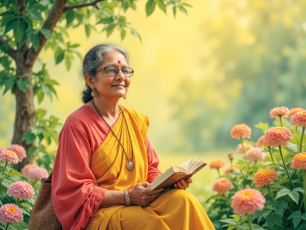 एक 62 वर्षीय महिला शांत बगीचे में आत्म-चिंतन करते हुए, जर्नल पकड़े हुए, तनाव से शांति की ओर बढ़ते हुए कोमल जलरंग शैली में।