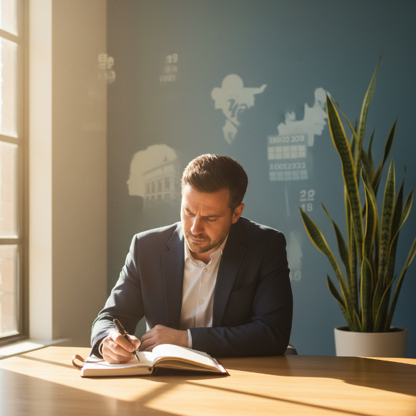 एक पुरुष कार्यालय में आत्म-चिंतन कर रहा है, जहाँ प्रकाश और एक पौधा आशा और लचीलेपन का प्रतीक है, जबकि पृष्ठभूमि में धुंधली छायाएँ पुरानी यादों को दर्शाती हैं।