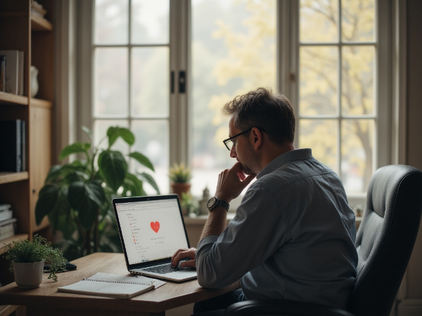 एक व्यक्ति अपने नए ऑनलाइन प्लेटफ़ॉर्म पर काम करते हुए, आत्म-चिंतन की स्थिति में दिख रहा है। कमरे में शांत और आशावादी वातावरण है।