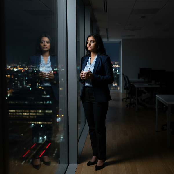 एक 41 वर्षीय महिला वरिष्ठ प्रबंधक रात में अपने कार्यालय की खिड़की से बाहर देख रही है, उसके चेहरे पर थकान और खालीपन है, जो पेशेवर सफलता के बावजूद अंदरूनी संघर्ष को दर्शाता है।