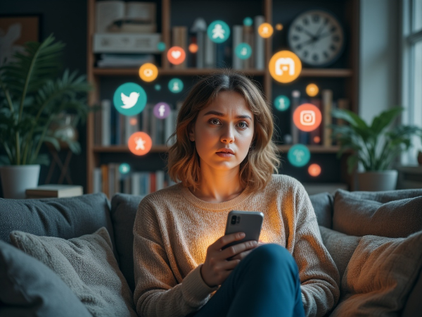 एक युवा महिला सोफे पर बैठी है, थकी और विचलित दिख रही है, उसके चारों ओर सोशल मीडिया आइकन तैर रहे हैं, जबकि वास्तविक दुनिया की वस्तुएं धुंधली हो रही हैं।