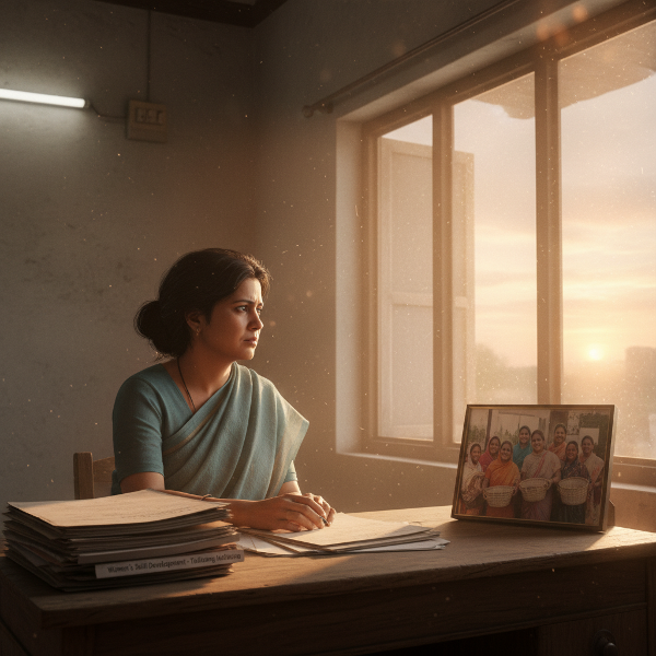 एक थकी हुई सामाजिक कार्यकर्ता शाम के समय एनजीओ कार्यालय में अकेली बैठी है, खिड़की से बाहर देख रही है। उसके चेहरे पर थकान और आत्मविश्लेषण का भाव है, जो पेशेवर जलन और जीवन के अर्थ की खोज को दर्शाता है।