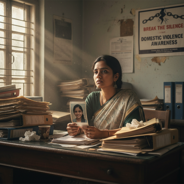 एक युवा सामाजिक कार्यकर्ता अपने दफ्तर में थकान और भावनात्मक खालीपन महसूस कर रही है, जो लगातार दर्दनाक कहानियाँ सुनने के बाद सहानुभूति थकान का शिकार हो गई है।