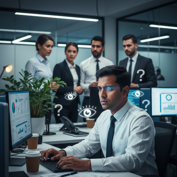 एक पेशेवर व्यक्ति को कार्यालय में तनाव के कारण आँखों में अनैच्छिक झपकी का अनुभव हो रहा है, जबकि उसके आस-पास संदेह और निर्णय का वातावरण दिखाई दे रहा है।