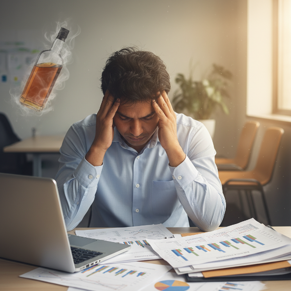 एक तनावग्रस्त सॉफ्टवेयर प्रोजेक्ट मैनेजर अपने कार्यालय में, शराब की लत और काम के दबाव से जूझते हुए, लेकिन उम्मीद की एक किरण दिखाई दे रही है।