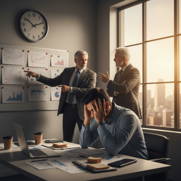 एक थका हुआ प्रोजेक्ट मैनेजर अपने कार्यालय में बैठा है, जबकि पृष्ठभूमि में उसके दो वरिष्ठ सहयोगी एक व्हाइटबोर्ड के सामने बहस कर रहे हैं, जो कार्यालय के तनावपूर्ण माहौल को दर्शाता है।
