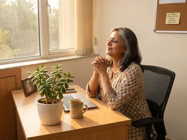 एक 55 वर्षीया महिला, सुमित्रा, अपने कार्यालय डेस्क पर शांतिपूर्वक गहरी सांस लेते हुए, कार्यस्थल के तनाव को प्रबंधित करने के लिए भावनात्मक नियमन तकनीकों का अभ्यास कर रही है।