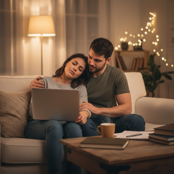 एक जोड़ा एक साथ बैठा है, जहाँ पुरुष सहानुभूति से सुन रहा है और महिला थकी हुई दिख रही है। यह दृश्य करियर के तनाव के दौरान भावनात्मक समर्थन और आपसी समझ को दर्शाता है।