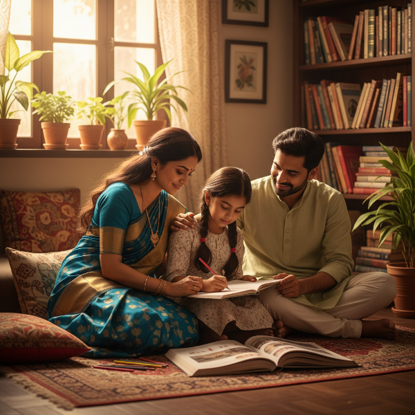 एक सहायक परिवार का दृश्य जहाँ माँ और बेटी साथ बैठी हैं, और पिता भी जुड़ रहे हैं, जो संवाद और सुरक्षा की भावना दर्शाता है।