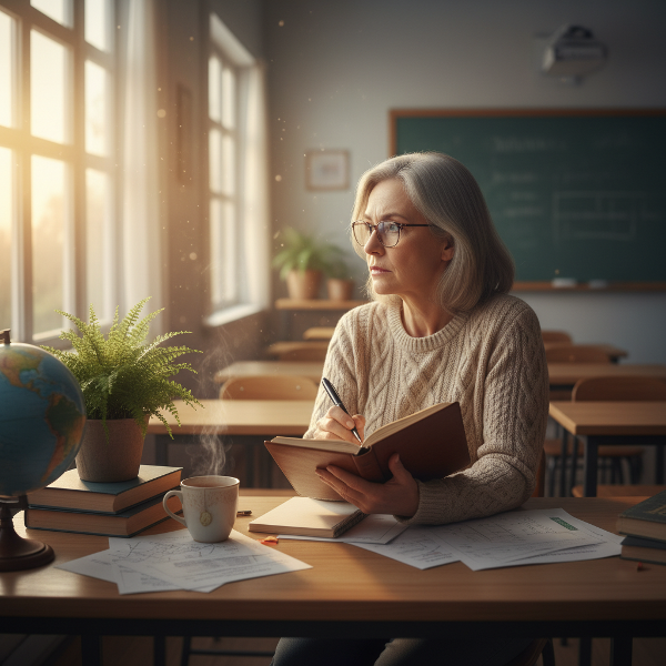एक अनुभवी शिक्षिका कक्षा में अपने डेस्क पर बैठी हैं, सुबह की धूप में खिड़की की ओर देख रही हैं। उनके हाथ में एक डायरी और कलम है, जो आत्म-चिंतन और नई शुरुआत की खोज को दर्शाता है।
