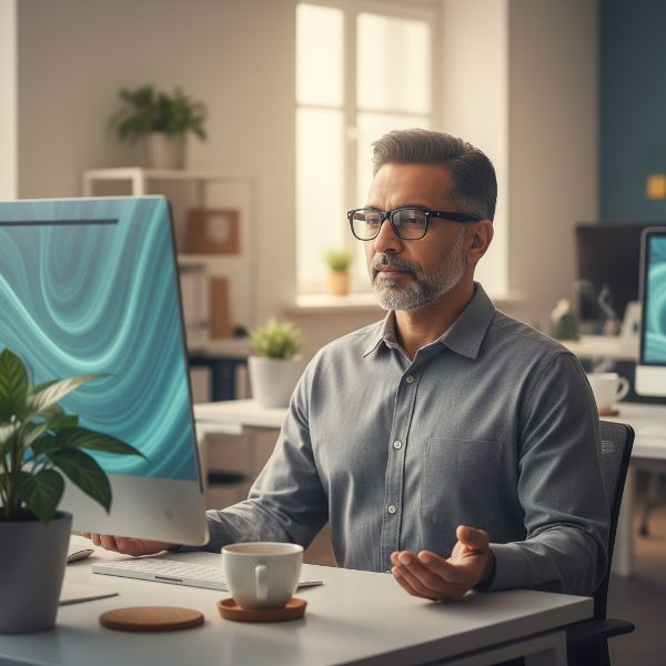 एक मध्यम आयु के पुरुष पेशेवर को अपने कार्यालय में तनाव प्रबंधन के लिए गहरी साँस लेते हुए दिखाया गया है, जो शांति और आत्म-देखभाल का प्रतीक है।