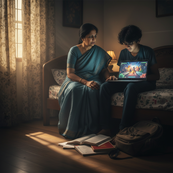 एक चिंतित माँ अपने किशोर बेटे से बात करने का प्रयास कर रही है, जो अकेले कमरे में लैपटॉप पर गेम खेलने में व्यस्त है।